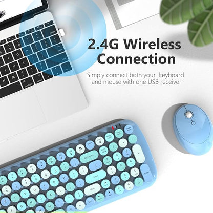 KNOWSQT Wireless Keyboard and Mouse Combo, Light Blue 100 Keys 2.4 GHz Round Keycap Typewriter Keyboards, USB Receiver Plug and Play, for Windows, PC, Laptop, Computer, Desktop