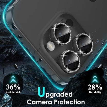 YWXTW Designed for iPhone 15 Pro/iPhone 15 Pro Max Camera Lens Protector Bling, [New Glitter Design] Individual Metal Tempered Glass Camera Cover Accessories Case Friendly (Black Titanium Glitter)