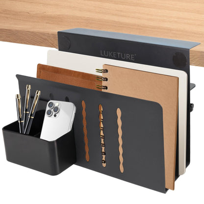 LUKETURE 2 Tier Desk Side Storage, No Drill Laptop Mount with Pen Holder