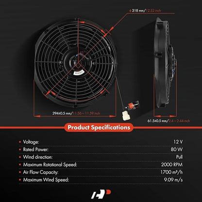 A-Premium 12'' 12 inch Slim Fan Pull Universal Electric Radiator Cooling Fan Assembly, 12V 80W with Mount Kit