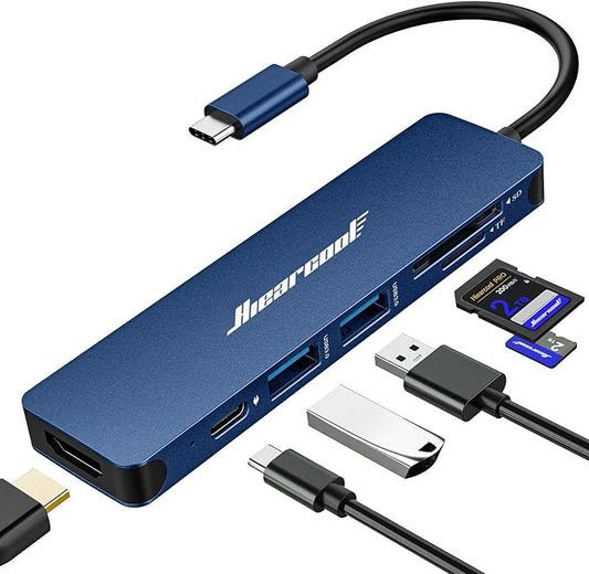 Hiearcool USB C Hub, 7-in-1 USB C Dongle for MacBook, HDMI, PD, Navy Blue