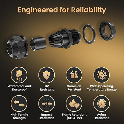 QILIPSU 50pcs M25L Long Thread Cable Gland Waterproof IP68 Nylon Strain Relief Cord Grip Cable Pass Through Wire Connector