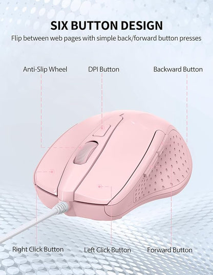 TECKNET Wired Mouse, 6-Button Corded with 4 Adjustable DPI, Optical Ergonomic Design, 5FT Cord for Laptop, Chromebook, PC, Desktop, Mac, Notebook - Pink
