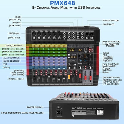 Pyle Professional DJ Audio Mixer Controller - 8Channel DJ Controller Sound Mixer w/ DSP 380 Preset Effects, Recording, USB, 6 XLR Mic/Line Input, AUX, FX Processor MP3 Player, Headphone Jack - PMX648