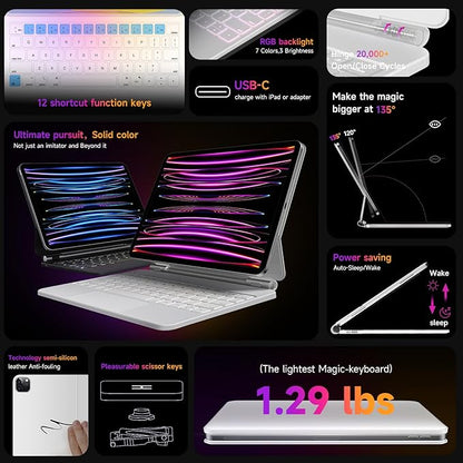 HOU Keyboard Case for iPad Air 11 inch 2025 (M3)/2024 (M2)&iPad Pro 11 Inch(4th/3rd/2nd/1st) Gen 2022,iPad Air 5th&4th Generation Case with Keyboard,Magic-Stand, Multi-Touch Trackpad,Backlight,White