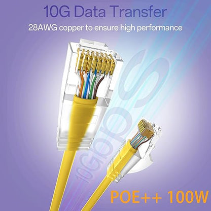 Cat6a Patch Cables 2ft (24 Pack) Slim, Cat6 Ethernet Patch Cable Pure Copper, Flexible Cat 6 Patch Cable 550MHZ 10G, Space-Saving Cat 6A Network Cables for Patch Panel, Yellow