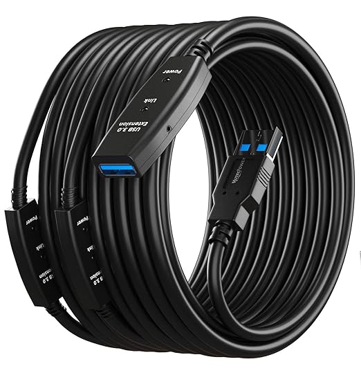 MutecPower 65 Feet Active USB Extension Cable 3.0 Male to Female with 3 Extension chipsets Signal Booster - Active Extension/Repeater Cord 20 Meters / 65 Feet (AC Power Supply Included)