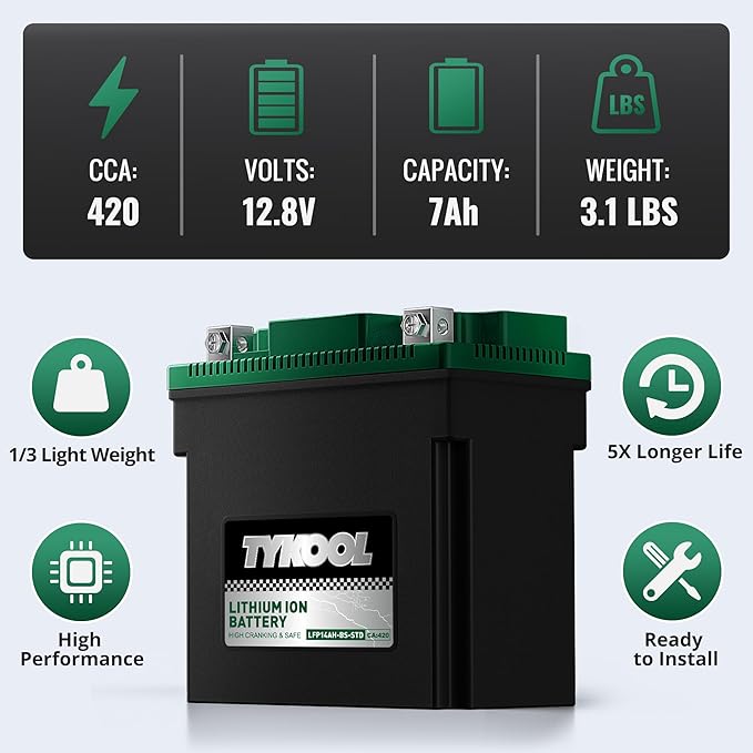 TYKOOL YTX14AH-BS-STD, LiFePO4 Lithium Motorcycle Battery,12.8V 7Ah,420CCA,5X Longer Life,Digital Readout, Powersports Battery,Fits for ATV, UTV, Scooter, Snow mobile,Polarity:[+ -]
