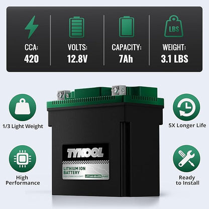 TYKOOL YTX14AH-BS-STD, LiFePO4 Lithium Motorcycle Battery,12.8V 7Ah,420CCA,5X Longer Life,Digital Readout, Powersports Battery,Fits for ATV, UTV, Scooter, Snow mobile,Polarity:[+ -]