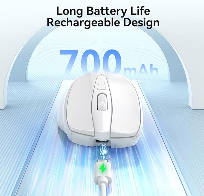 TECKNET Rechargeable Jiggler Wireless Mouse (BT5.0/3.0 & 2.4G) 4800 DPI Silent USB A & Bluetooth Mouse 6 Buttons, Wide Compatibility - White