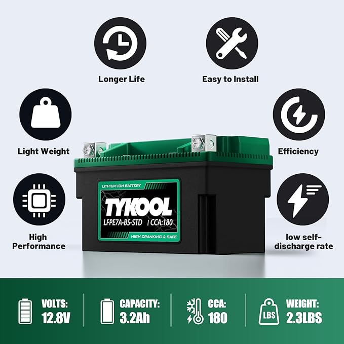 YTX7A-BS-STD 12.8V 3AH 180CCA LiFePO4 Lithium Motorcycle Battery fit for ATV,UTV, Riding Lawn Mower，Snowmobile，Scooter, Personal watercraft, Jet Ski, 4 Wheeler and more.