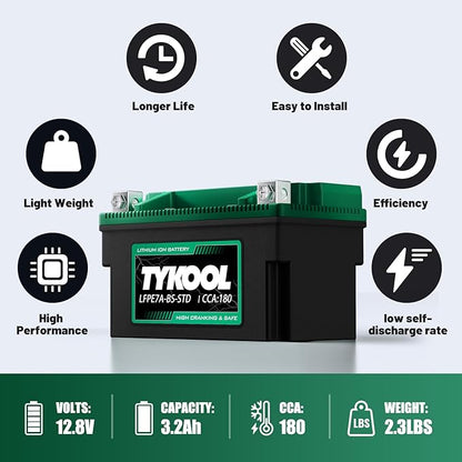 YTX7A-BS-STD 12.8V 3AH 180CCA LiFePO4 Lithium Motorcycle Battery fit for ATV,UTV, Riding Lawn Mower，Snowmobile，Scooter, Personal watercraft, Jet Ski, 4 Wheeler and more.