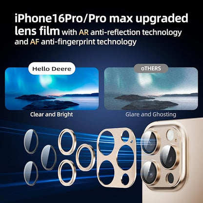 Compatible with iPhone 16 Pro Max Camera Lens Protector,[Shatterproof] [Strong Adsorption][AR Anti-Reflection] 9h Metal Aluminum Alloy Tempered Glass Camera Cover,Gold