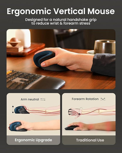 ProtoArc Ergonomic Vertical Mouse, EM11 NL Rechargeable Wireless Mouse Bluetooth, Ergo Mice with 3 Multi-Device for PC/Notebook/Laptop, 2.4GHz Optical Mice for Windows, Mac OS, Blue