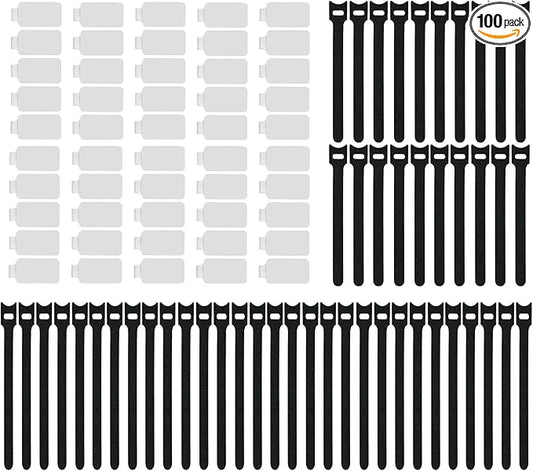 100 Pack Reusable Hook & Loop Cable Ties & Labels Kit - 50 Durable Cord/Wire Tags + 50 Self-Gripping Straps for Electronics Organizing, Home Office Cord Management (White & Black)
