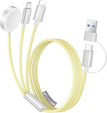 Temdan for Travel Vacation Essentials,3 in 2 USB C Cable for Apple Watch Charger/iPhone 16 Charger/Lightning,Multi Charging Cable Cord,Camping Essentials,Designed for iWatch &iPhone 16-12-4FT Yellow
