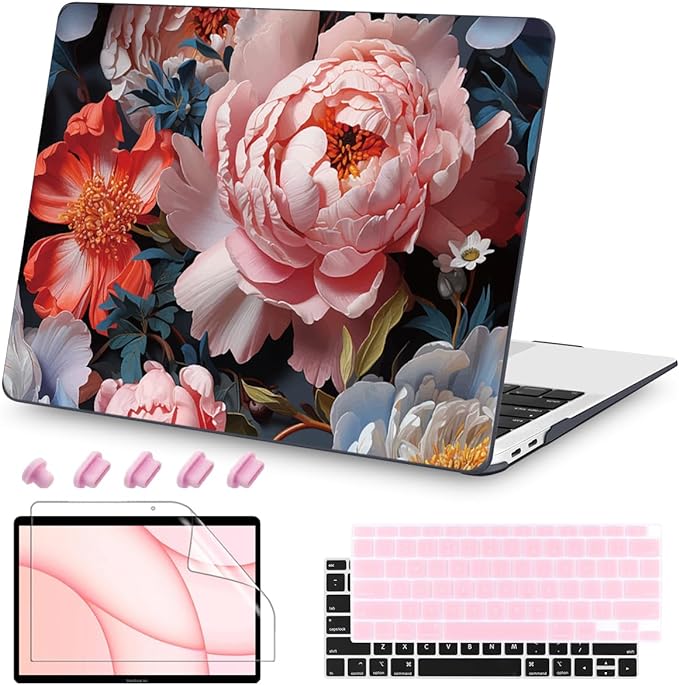 Teryeefi Compatible with MacBook Air 13 inch Case A2337 M1 Chip A2179 A1932 (Release 2018-2020),Protective Slim Cover + Keyboard Cover for 13.3 inch MacBook Air Touch ID & Retina-Colorful Peonies