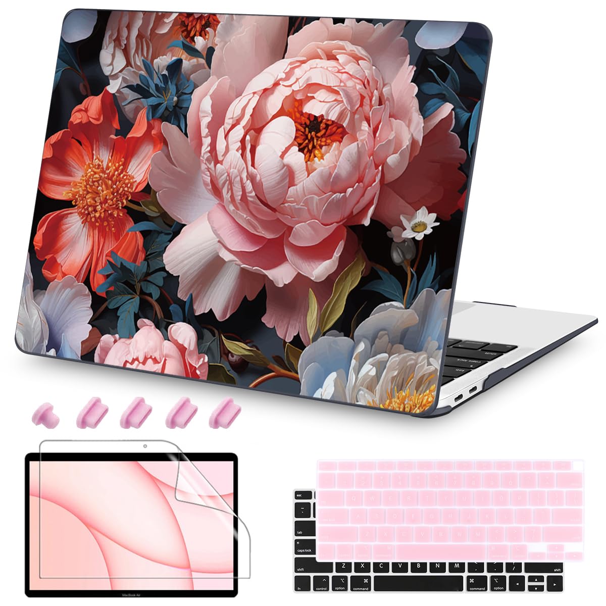 Teryeefi for MacBook Air 13 inch Case 2021 2020 2019 2018 Release (Model A2337 A2179 A1932 Retina Display with Touch ID), Plastic Hard Shell Case & Keyboard Cover for MacBook Air 13 M1, Gold Flowers