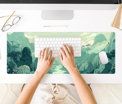 Cute Pastel Mint Green Forest Sage Desk Mat Anime Large Gaming Mouse Pad XL, Aesthetic Sunrise Laptop Computer Keyboard Mouse Mat, Women Office Desk Decor Cover Mat with Stitched Edges 31.5"x11.8"