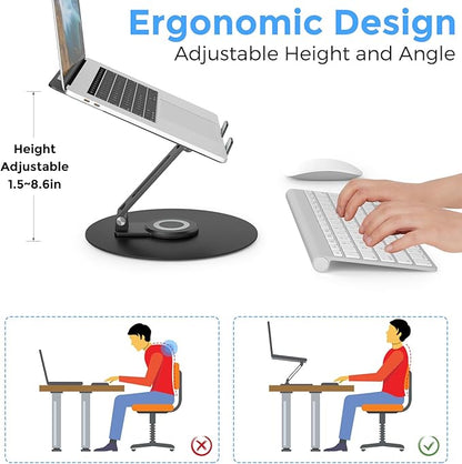 Swivel Laptop Stand for Desk, Adjustable Height Aluminum Computer Stand with 360 Rotating Base, Foldable Ergonomic Riser, Portable Laptop Holder Compatible with MacBook, All Laptops 10-17'', Black