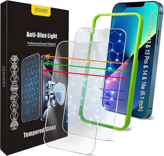 JESOHO Screen Protector for iPhone 14/13/13Pro [6.1 Inch],2 pcs Colorless Anti-Blue Light Tempered Glass Films, No Glare, HD Clear, 9H Hardness, No Bubbles, Case Friendly, iPhone14/13/13Pro-Colorless