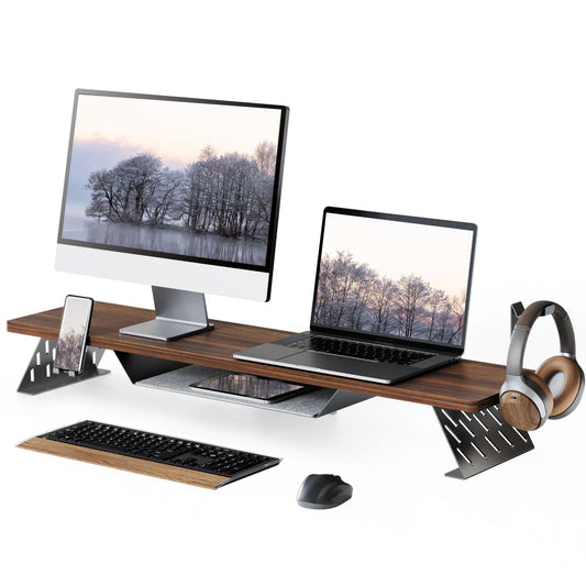 Fenge Dual Monitor Stand, Wooden Desk Shelf with Headphone & Phone Holder