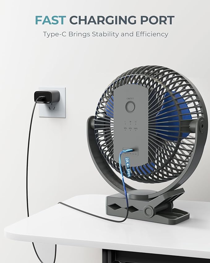xasla 10000mAh Portable Rechargeable Clip on Fan, 8 inch Battery Operated Fan, 24 Hours Work Time, 4 Speeds Personal Fan, Ideal for Outdoor Camping Golf Cart Home Office Blue