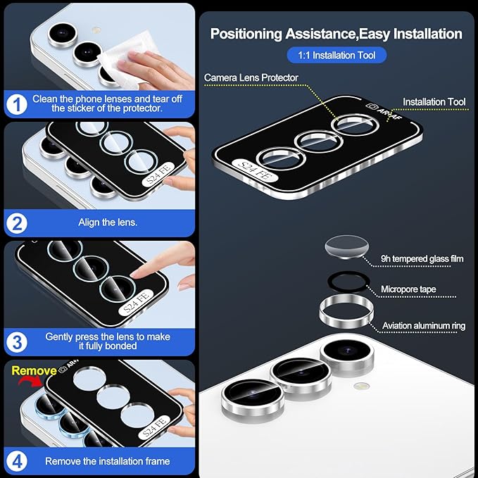 for Samsung Galaxy S24 FE Camera Lens Protector, Individual Metal Ring Tempered Glass Lens Cover, [Strong Adsorption] Scratch Resistant Ultra-Thin HD Clear Lens Cover, 1 Set-Slivery Ring