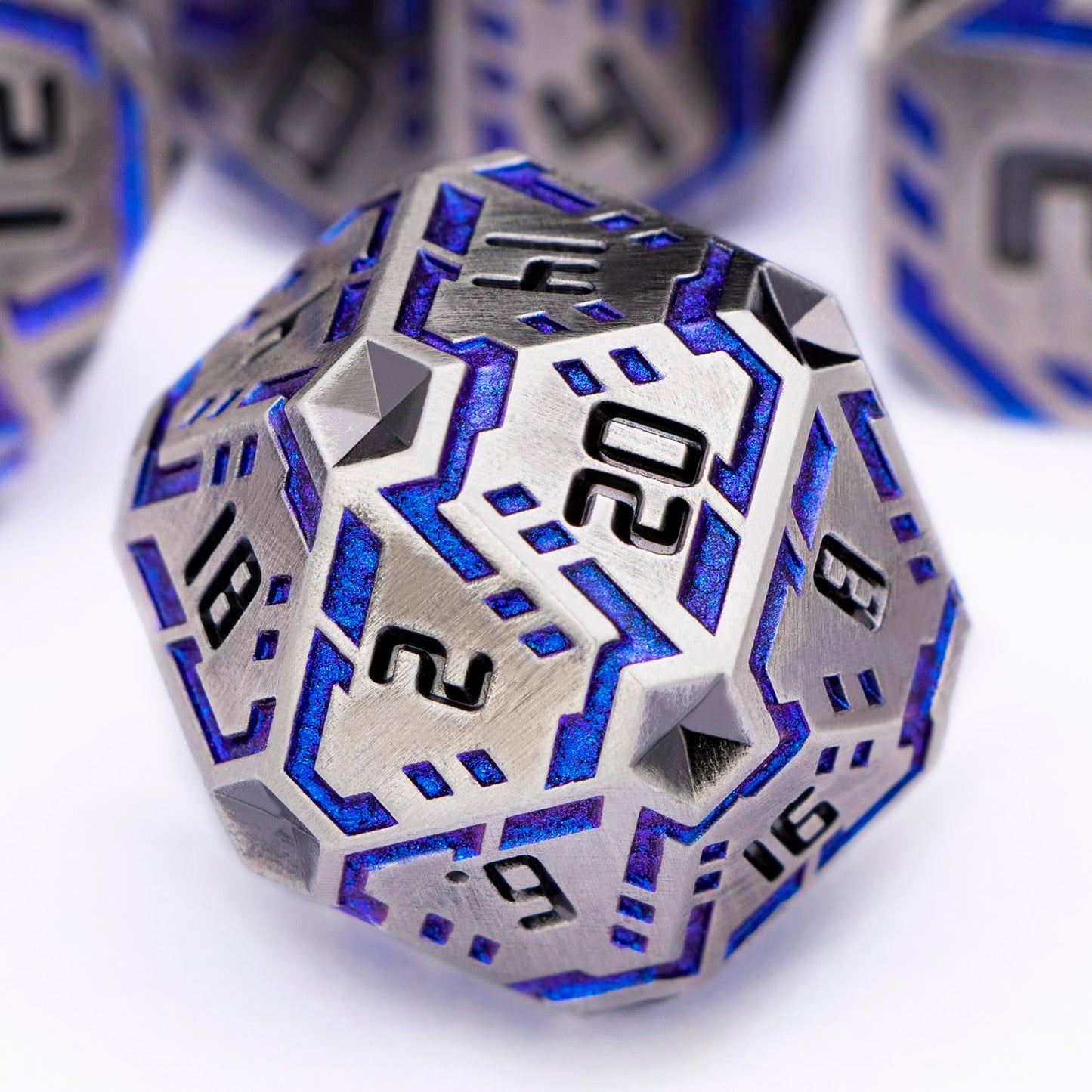 OGCOPHEN Metal DND Sci-fi Dice Set 7PCS Stripe Polyhedral Dice for Dungeons Dragons RPG Role Playing Game, Glitter D and D Dice with Gift Box D6 D8 D10 D12 D20 (Blue Purple&Grey)