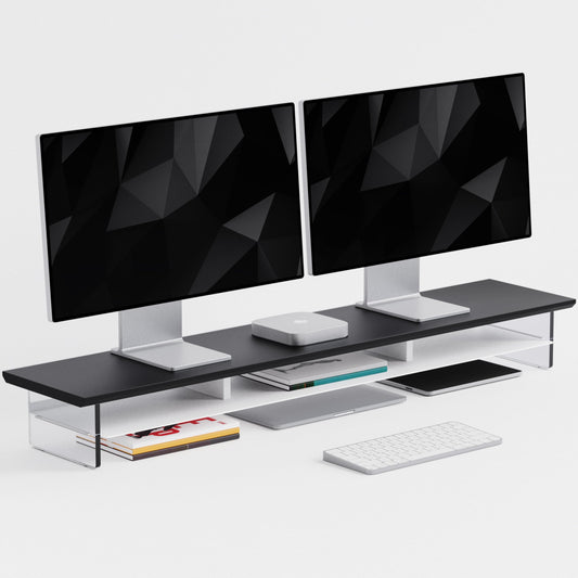 FENSULN Dual‑Tier Monitor Stand for Modern Desk Setup – Minimalist Wooden and Metal Riser Shelf with Transparent Acrylic Feet for Dual Monitors, Laptops, Home Office Aesthetic，Beige and White