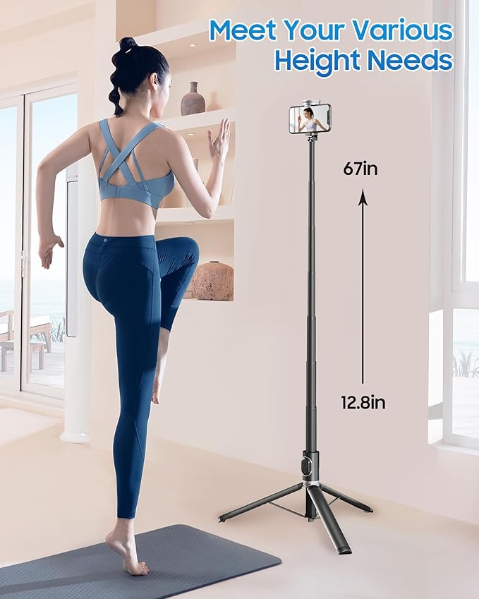 67" Selfie Stick Phone Tripod, All-in-1 Cell Phone Tripod with Wireless Remote, Extendable Compact Tripods Portable Travel Stand for iPhone Android Selfie/Video Recording/Live Stream/Vlog