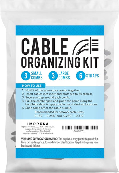 IMPRESA Cable Comb Organizer Kit - Includes 6 Straps & 6 Inserts - Cable Management Tool for Cat6a & Ethernet Wires - Neat Wire Organizer for Home or Network Setup