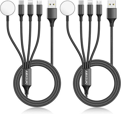 2Pack Travel Essentials Multi Charging Cable for Watch Charger 4 in 1 Fast Charger Camping Essentials USB C/L/Micro Compatible with Watch Series 10-1/SE/Ultra Phone 16 15/Galaxy Android-4FT/Black