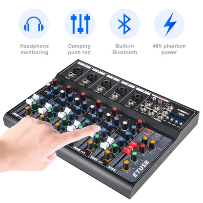Dj Mixers 7 Channel Audio Mixer Sound Board with Bluetooth, Usb Audio Interface with 48V Phantom Power Sounds Mixer Board with FX Reverb Delay Effect for Streaming