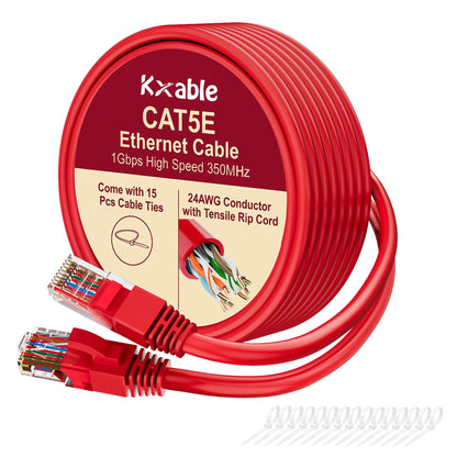 Cat5e Ethernet Cable 50 FT, Long Cat 5e Internet Cable, Yellow Snagless Patch Cord, Flexible, Network, LAN, PoE, Standard RJ45 Connector for PC, Server, Router, Modem, TV, PS5 - with 15 Cable Ties