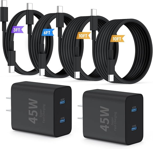 Super Fast Samsung Charger Type C,45W Dual Port USB C Fast Charger Block [2-Pack] & Extra Long 60W 3/6/10/10FT USB C Cable - PD Quick Charging 3.0 For Samsung Galaxy S25 Ultra/S24+/S23 iPhone 16