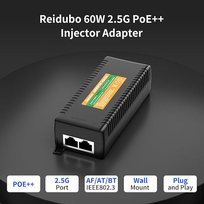 2.5Gb PoE Injector Adapter 60W, IEEE 802.3bt/at/af Compliant, Converts Non-PoE to PoE Network, 100/1000/2500Mbps RJ45, Up to 328 ft, Plug & Play (60W)