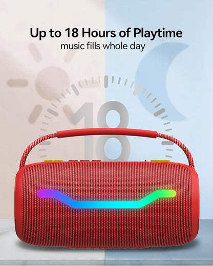 Portable Bluetooth Speaker with Light, Loud Sound and Deep Bass, IPX6 Waterproof, Up to 18H Playtime, TWS Pairing, Support Bluetooth/AUX/USB/TF Card for Home, Party, Outdoor and Travel (Red)