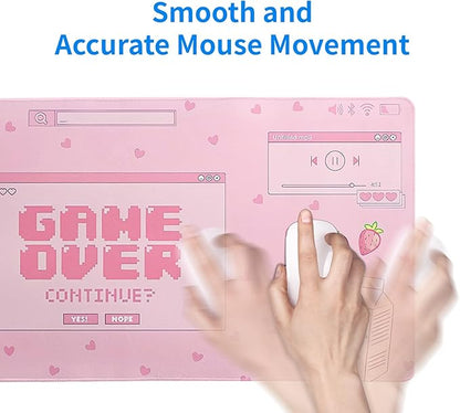 Pink Gaming Mouse Pad 31.5x11.8 Inch Pastel Game Over Large Mousepad Kawaii Office Decor for Women Non-Slip Rubber Base Stitched Edges Keyboard Mouse Mat Desk Pad for Office Home and Game