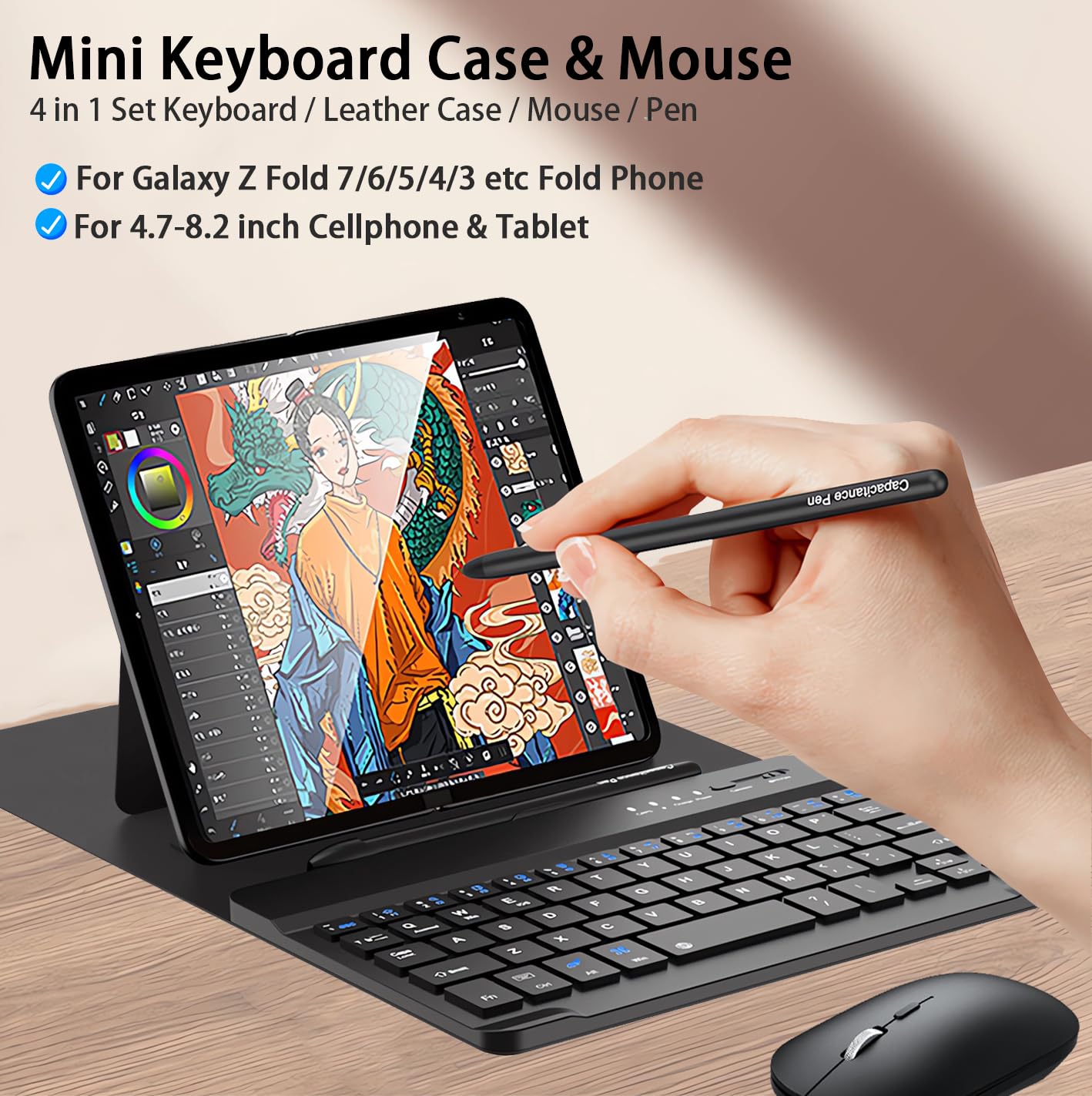 for Samsung Galaxy Z Fold 8 Ultra/8/7/6/5 Keyboard and Mouse, Portable Mini 7.9 inch Bluetooth Keyboard with Leather Case and Capacitive Pen, 4 in 1 Travel Set for Fold8 Wide Fold7 Accessories