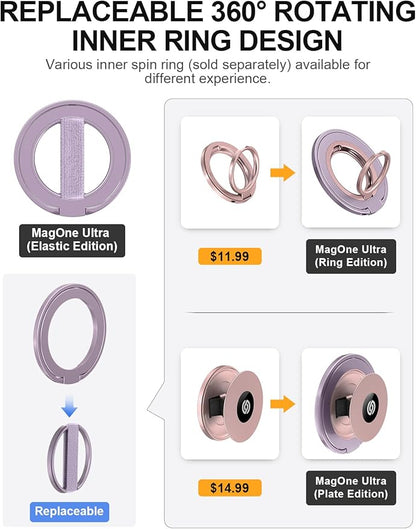 EWA MagOne Ultra Phone Grip Stand with Replaceable Elastic Finger Loop, Removable Magnetic Ring Holder Kickstand Loop, Accessories for iPhone 16, 15, 14, 13 Pro/Max/Plus (Purple)