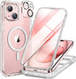 Miracase Glass Series for iPhone 15 Case [Compatible with MagSafe] Full-Body Magnetic Case with Built-in 9H Tempered Glass Anti-Fingerprint Screen Protector + Camera Lens Protector, Clear Glitter