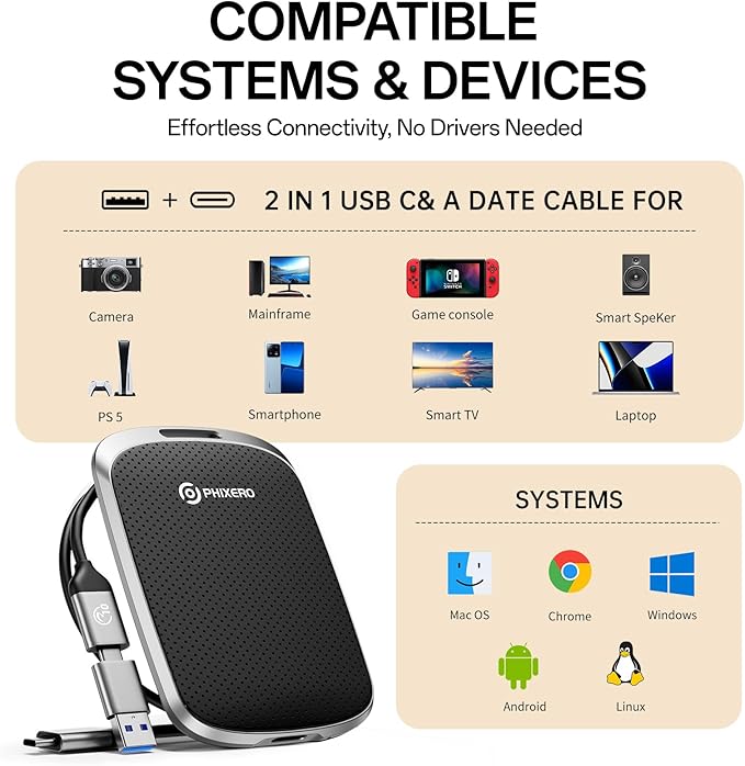 PHIXERO P5PLUS Portable SSD 2TB Up to 550MB/s, USB 3.2 Gen 2 External Solid State Drive，USB C to C&A for Smartphone，Tablet，PC，Labtop (Black)