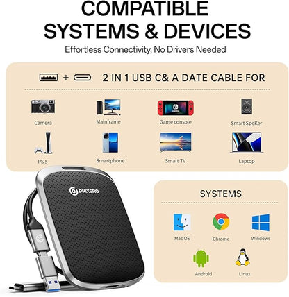 PHIXERO P5PLUS Portable SSD 2TB Up to 550MB/s, USB 3.2 Gen 2 External Solid State Drive，USB C to C&A for Smartphone，Tablet，PC，Labtop (Black)