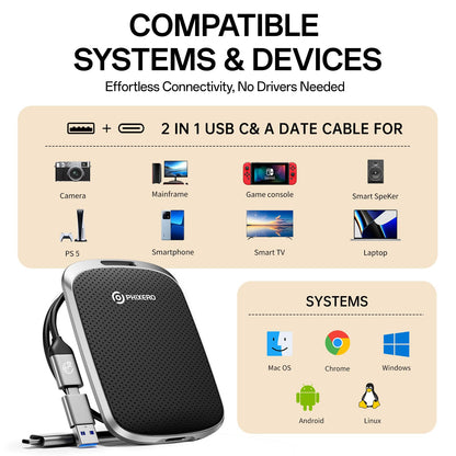 PHIXERO Portable External SSD 2TB Up to 550MB/s, USB 3.2 Gen 2 USB C to C&A for Smartphone/Tablet/PC/Laptop/Camera (Black)