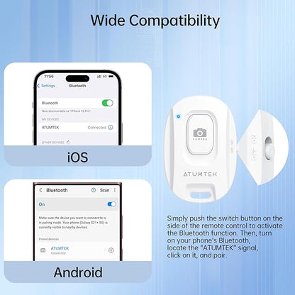ATUMTEK Camera Remote Shutter for iPhone and Android Smartphones (2 Pack), Wireless Phone Remote Control Selfie Button for Photos and Videos (Bluetooth 5.2), Wrist Strap Included, White
