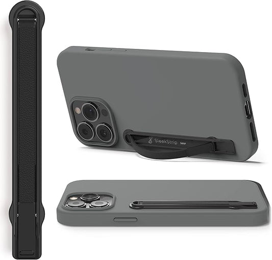 SleekStrip SleekGrip-Premium Ultra Thin Phone Grip Stand,Slim Metal Finger Loop Ring Hand Holder Strap Cell Phone Grips for iPhone 16 Pro Max,17,Android,Case Back - Gunmetal x Black Vegan Leather