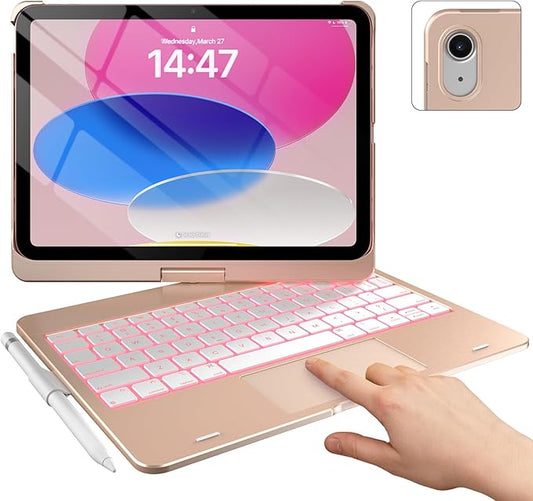 typecase Touch iPad 11th 10th Generation Case with Keyboard (11" 2025, A16 & 10.9" 2022) – 360° Rotatable, 11-Color Backlit, Multi-Touch Trackpad, Pencil Holder, Thin & Light – Rose Gold