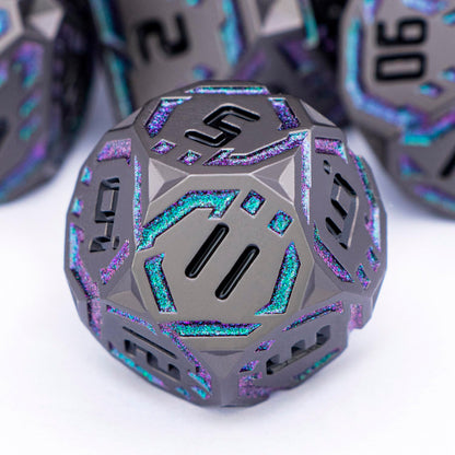OGCOPHEN Metal DND Sci-fi Dice Set 7PCS Stripe Polyhedral Dice for Dungeons Dragons RPG Role Playing Game, Glitter D and D Dice with Gift Box D6 D8 D10 D12 D20 (Black&Green Purple)