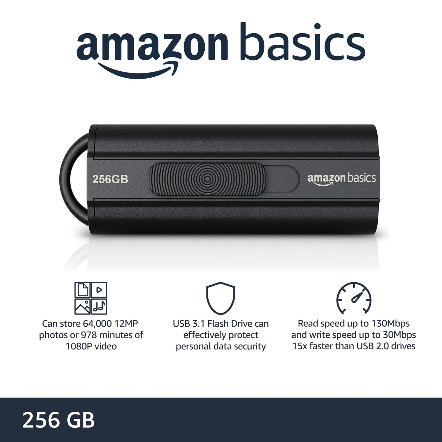 Amazon Basics 256 GB Ultra Fast USB 3.1 Flash Drive, High Capacity External Storage for Photos Videos, Retractable Design, 130MB/s Transfer Speed, Black